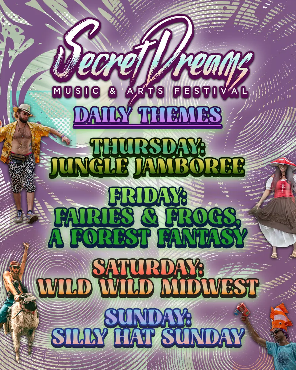 Daily themes poster: Thursday Jungle Jamboree, Friday Fairies and Frogs a Forest Fantasy, Saturday Wild Wild Midwest, Sunday Silly Hat Sunday